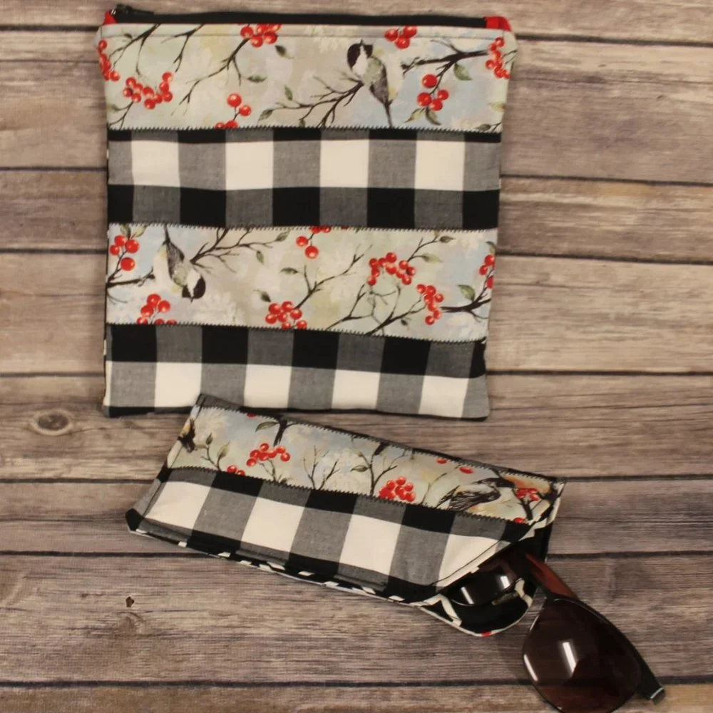 Robin Printed Black & White Buffalo Check Berries Zippered Pouch & Sunglass Case